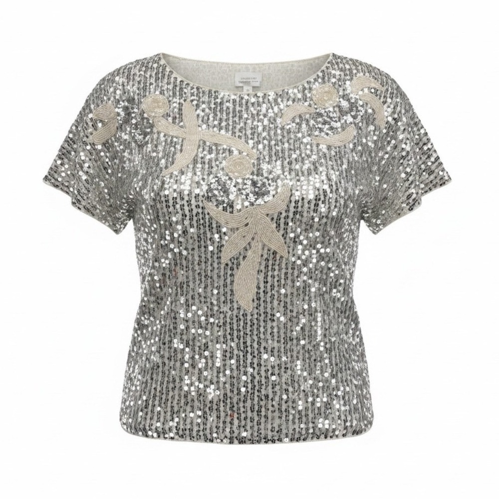 Vintage Elegance by Anujan 100% Silk Sequin Top Small Beaded White Silver Party